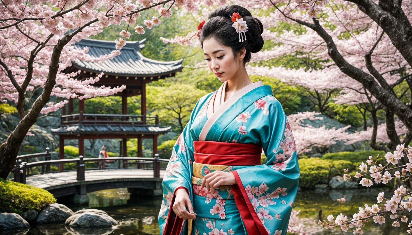 Graceful Geisha in Cherry Blossom Garden Painting