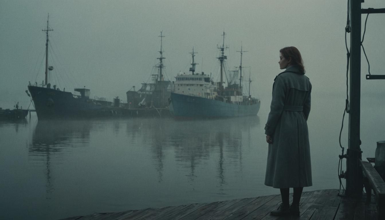Mysterious Woman on Foggy Dock in Film Noir Style