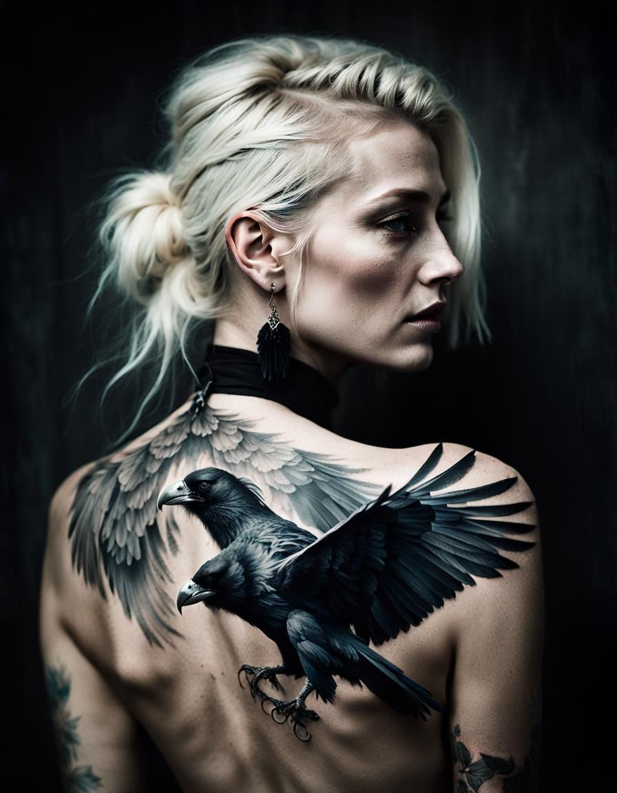 Woman with Raven Tattoo in Photographic Style