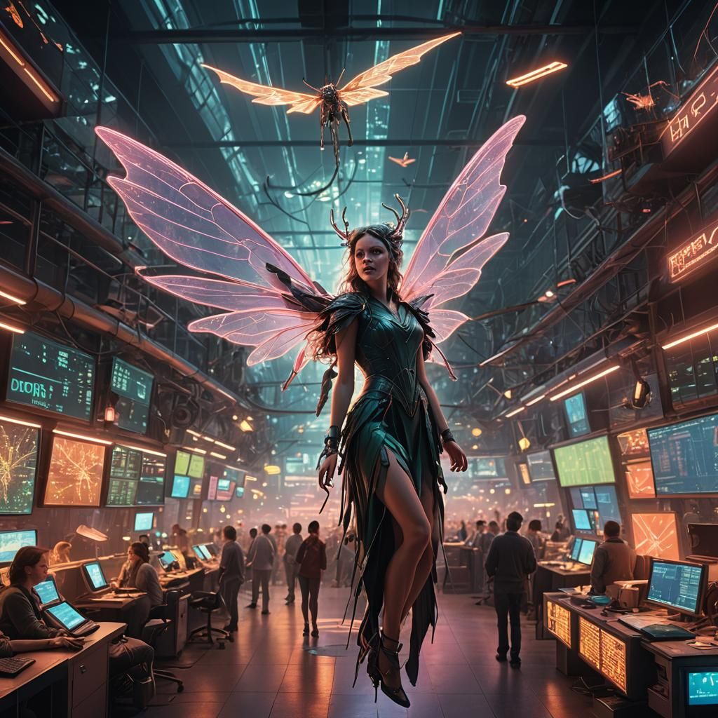 Evil Fairy Over High-Tech Trading Floor in HDR