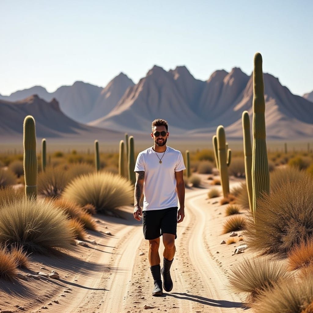 Man Walking in Desert Landscape with Desert Plants
