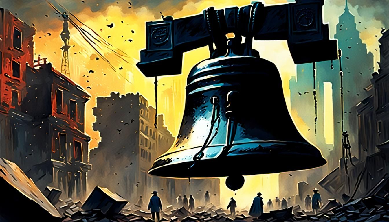 Cracked Liberty Bell in Dystopian Slum: Digital Art