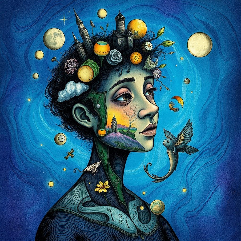 Dreamlike Inner World Illustration in Antique Etching Style