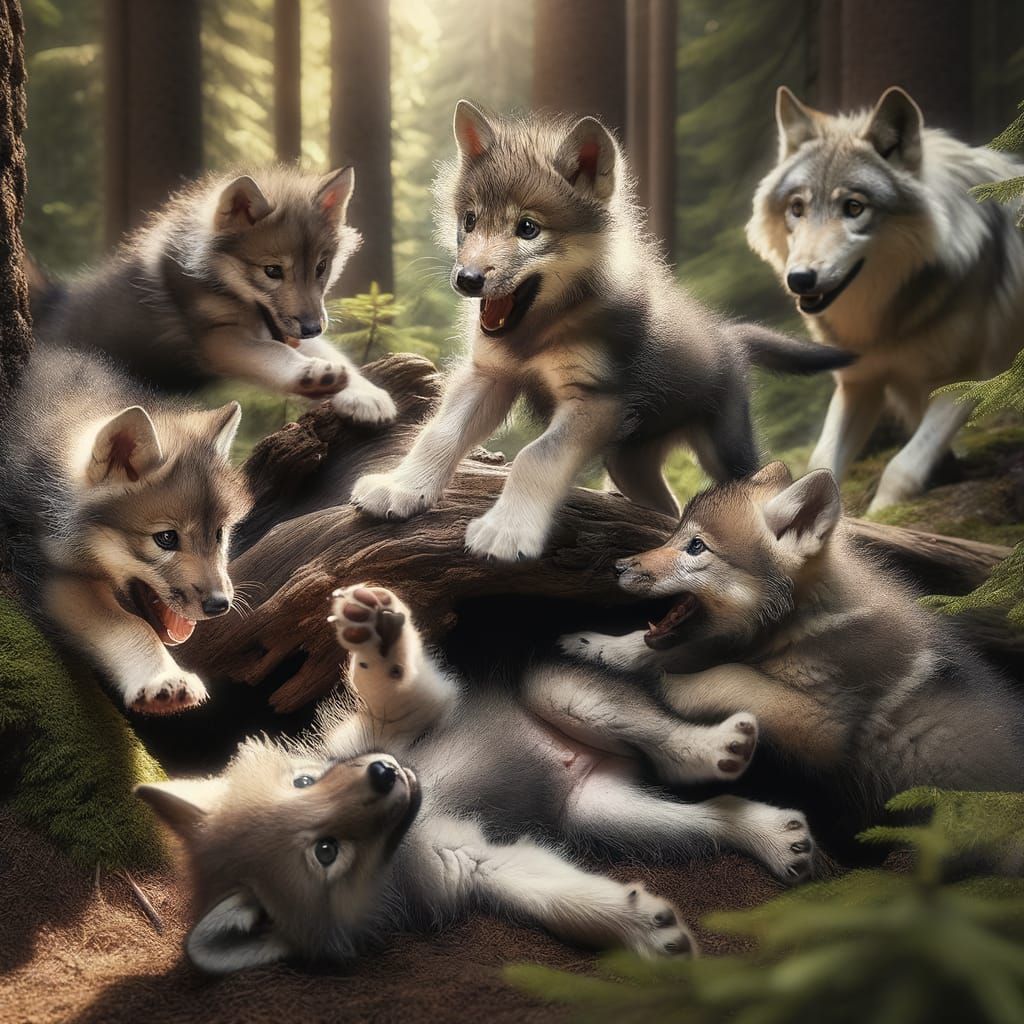 Playful Wolf Cubs in Forest Sunlight