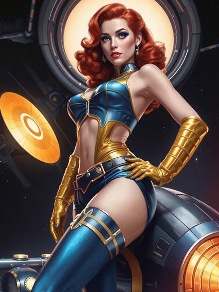 Retro Sci-Fi Pinup Girl in Metallic Dress