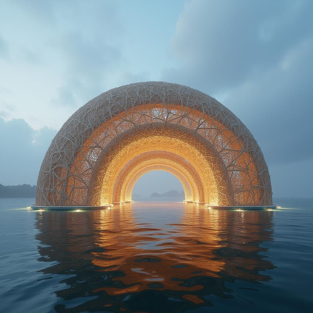 Majestic Bamboo Structure on Water at Night
