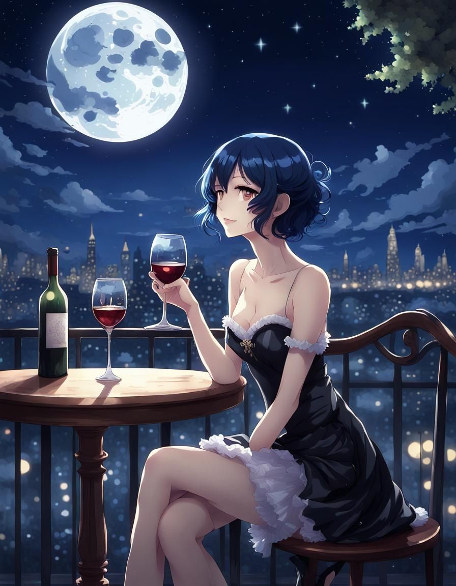 Anime Girl with Wine in City at Night