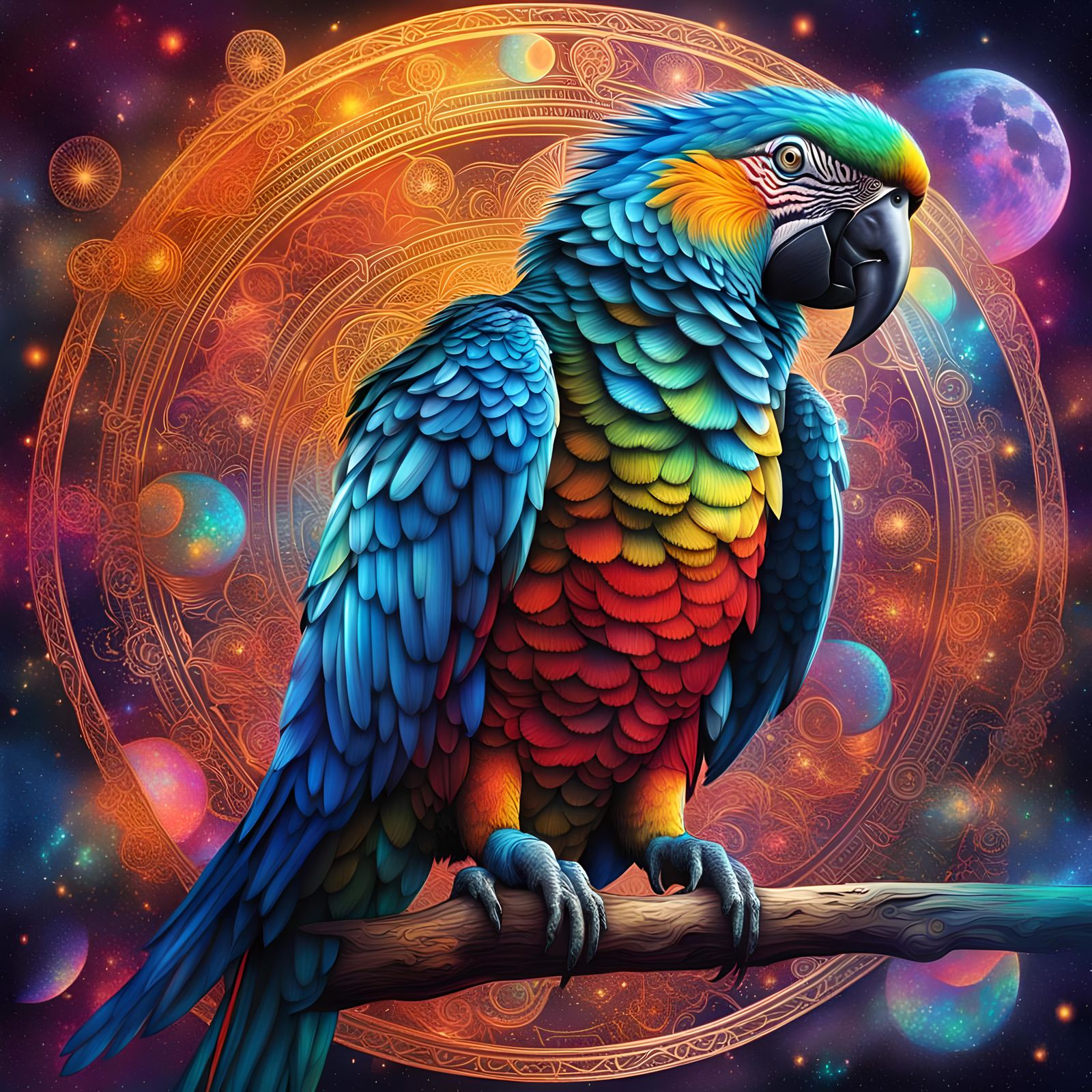 Cosmic Astral Parrot Holographic Illustration