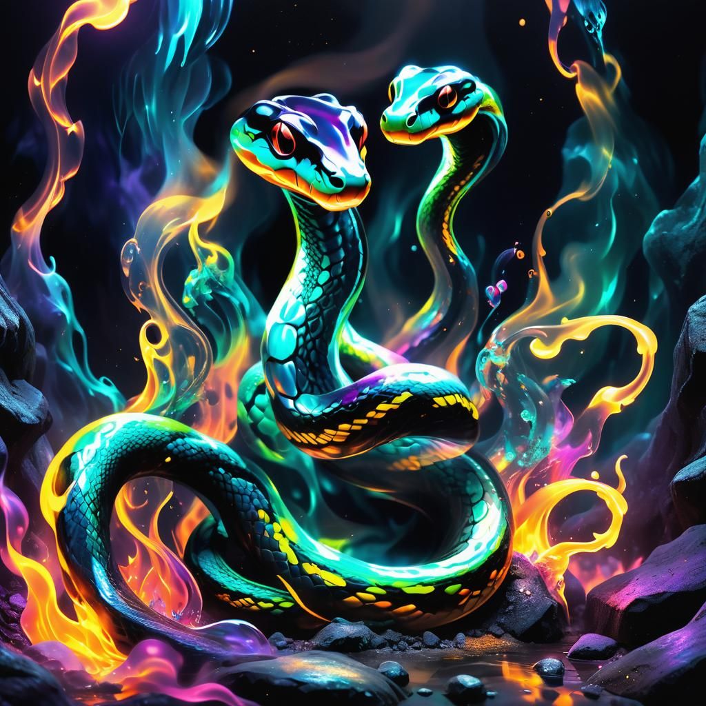 Neon Bioluminescent Baby Snake in Crystal Cavern