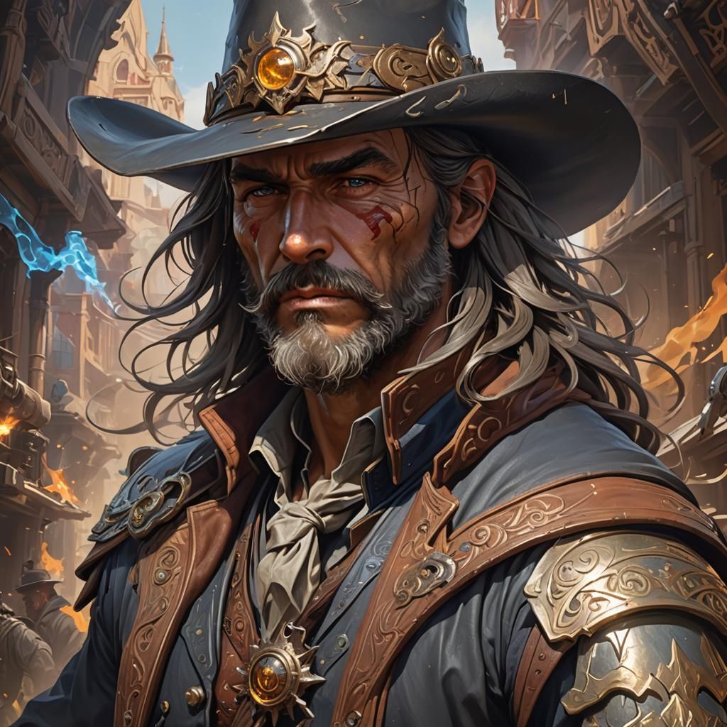 Gunslinger Cowboy Wizard Portrait in Hyperdetailed Style