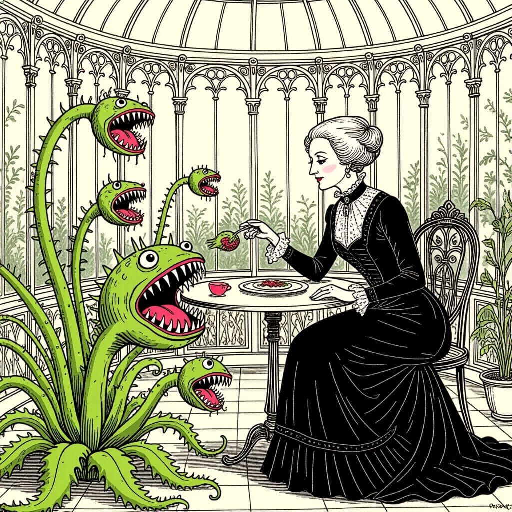 Glamorous Eldritch Woman Feeds Carnivorous Plants in Victori...
