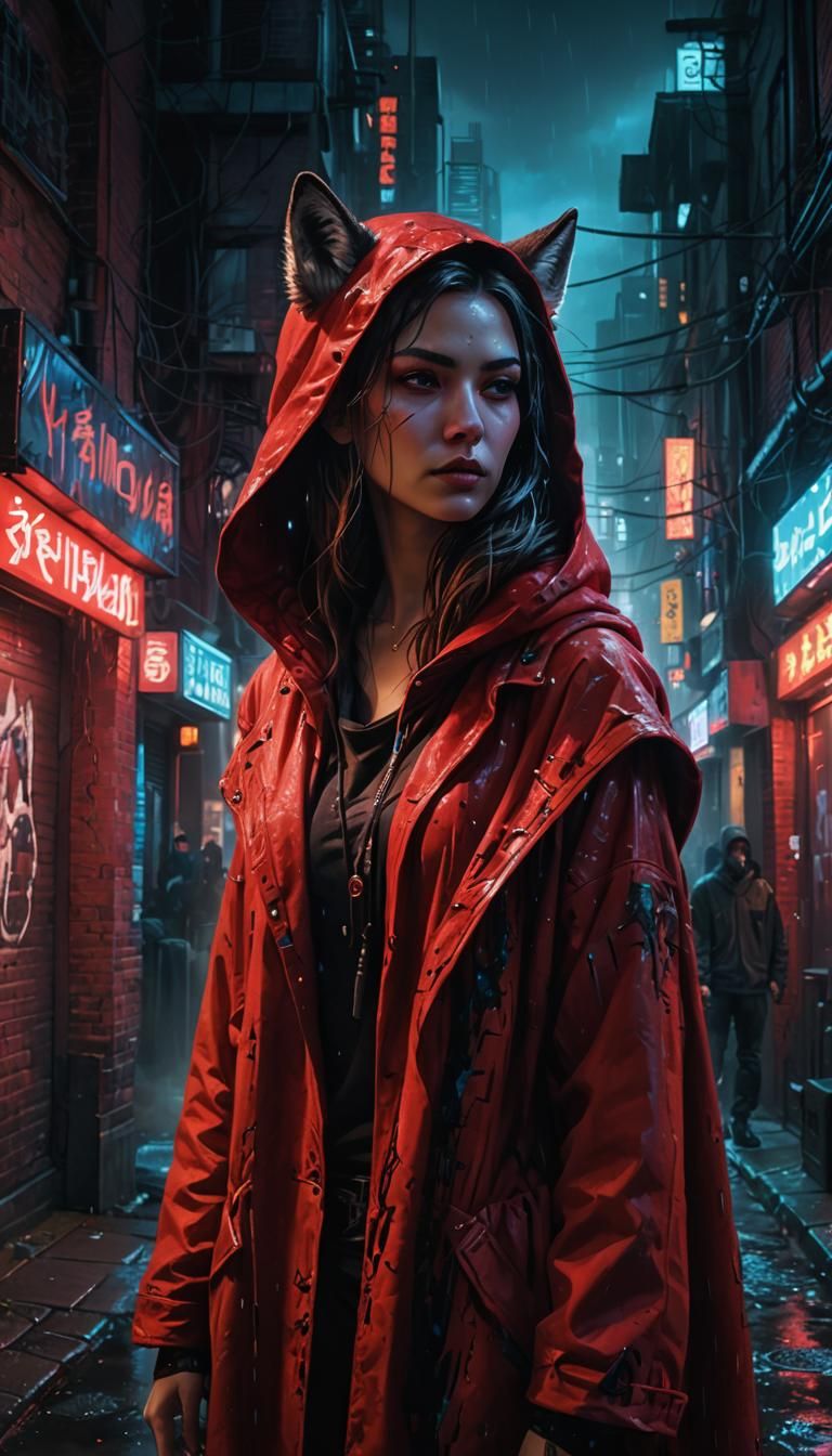 Cyberpunk Woman with Wolf Features in Neon Alley
