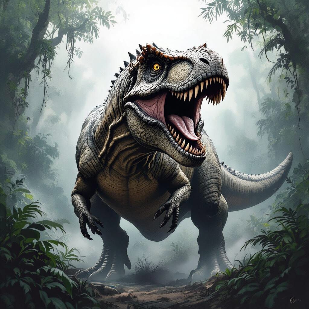 Roaring T-Rex in Jungle, Detailed Charcoal Drawing