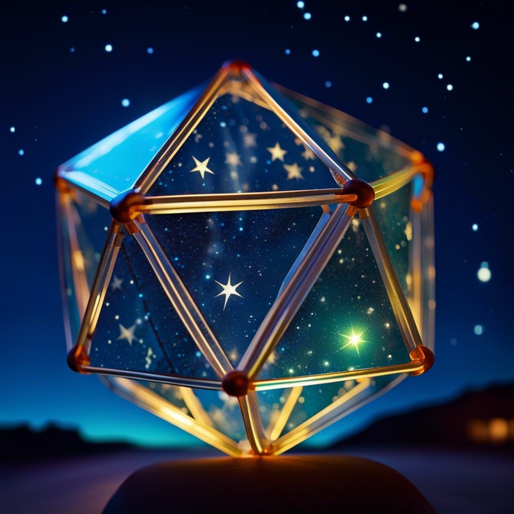 Luminescent Glass Icosahedron Against Starry Sky