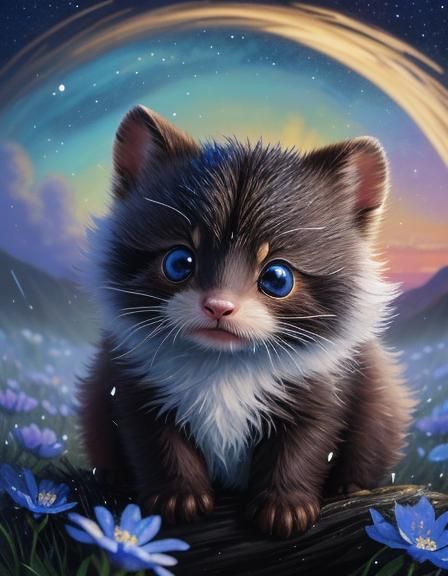 Cute Fantasy Polecat Playing in Flower Rain