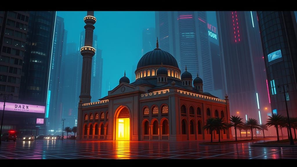 Epic Cyberpunk Mosque Amidst a Gritty Cityscape
