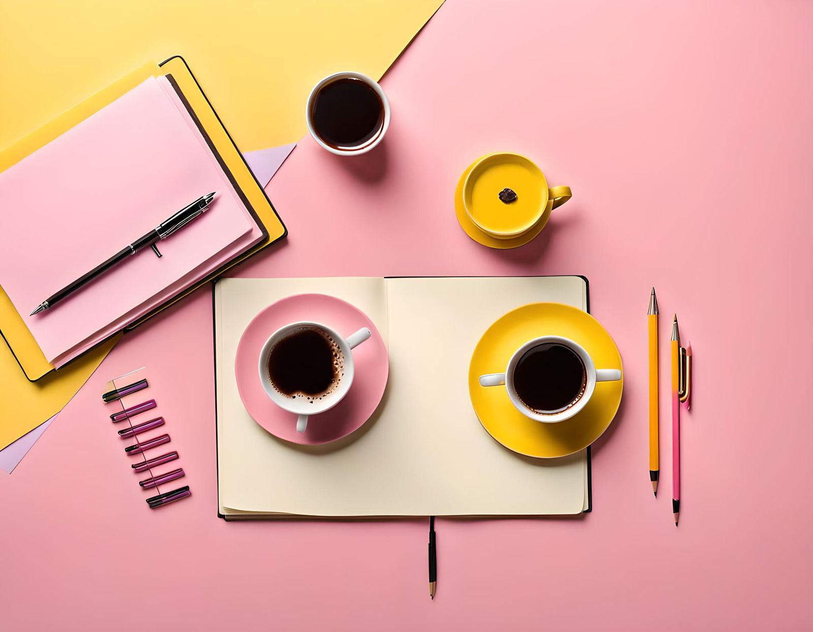 Colorful Desk Still Life with Coffee and Stationery