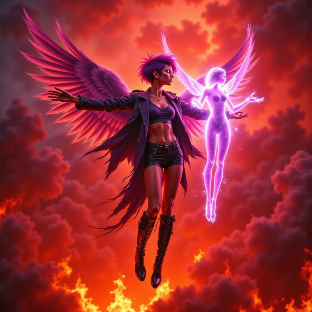 Punk Angel Soars Through Fiery Sky with Ethereal Self