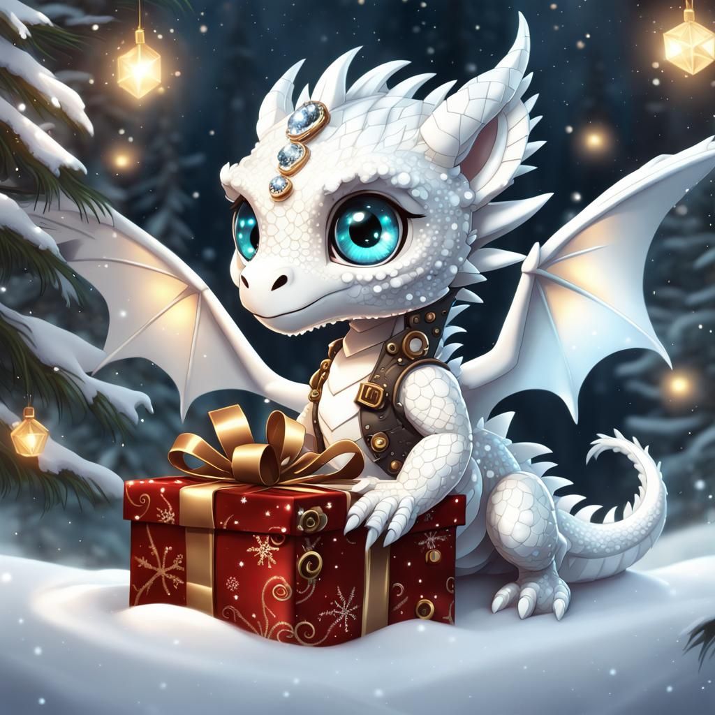 Cute Steampunk Christmas Dragon in a Snowy Forest