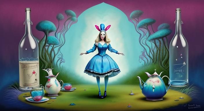 comic-style illustration, Alice from 'Alice in Wonderland' holds a bottle labeled 'Drink Me' and has grown to a colossal...
