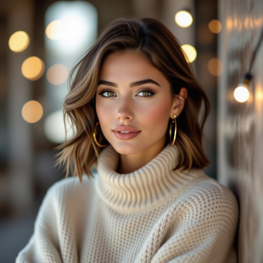 A young woman with striking features and a chic bob haircut poses gracefully, wearing a cozy oversized sweater and large...