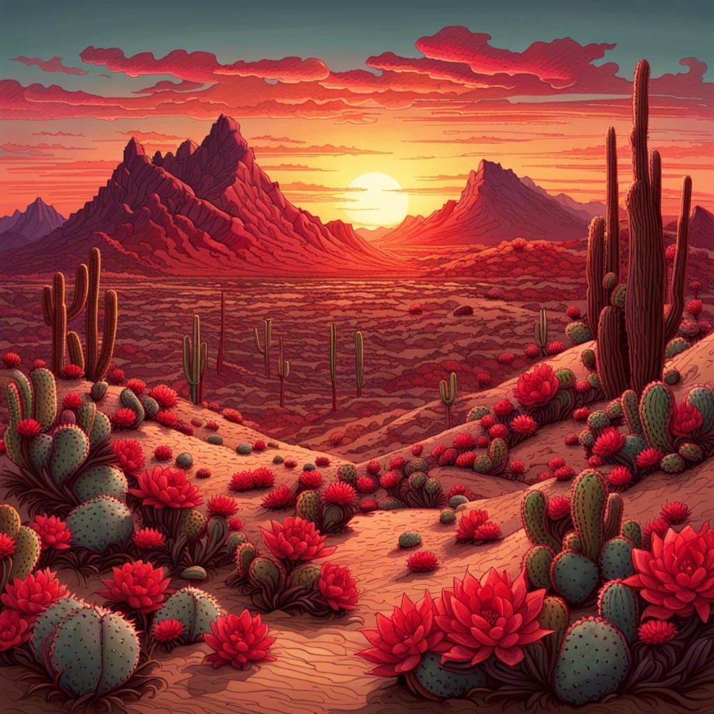 Desert Sunrise with Red Cacti, Illustration Art