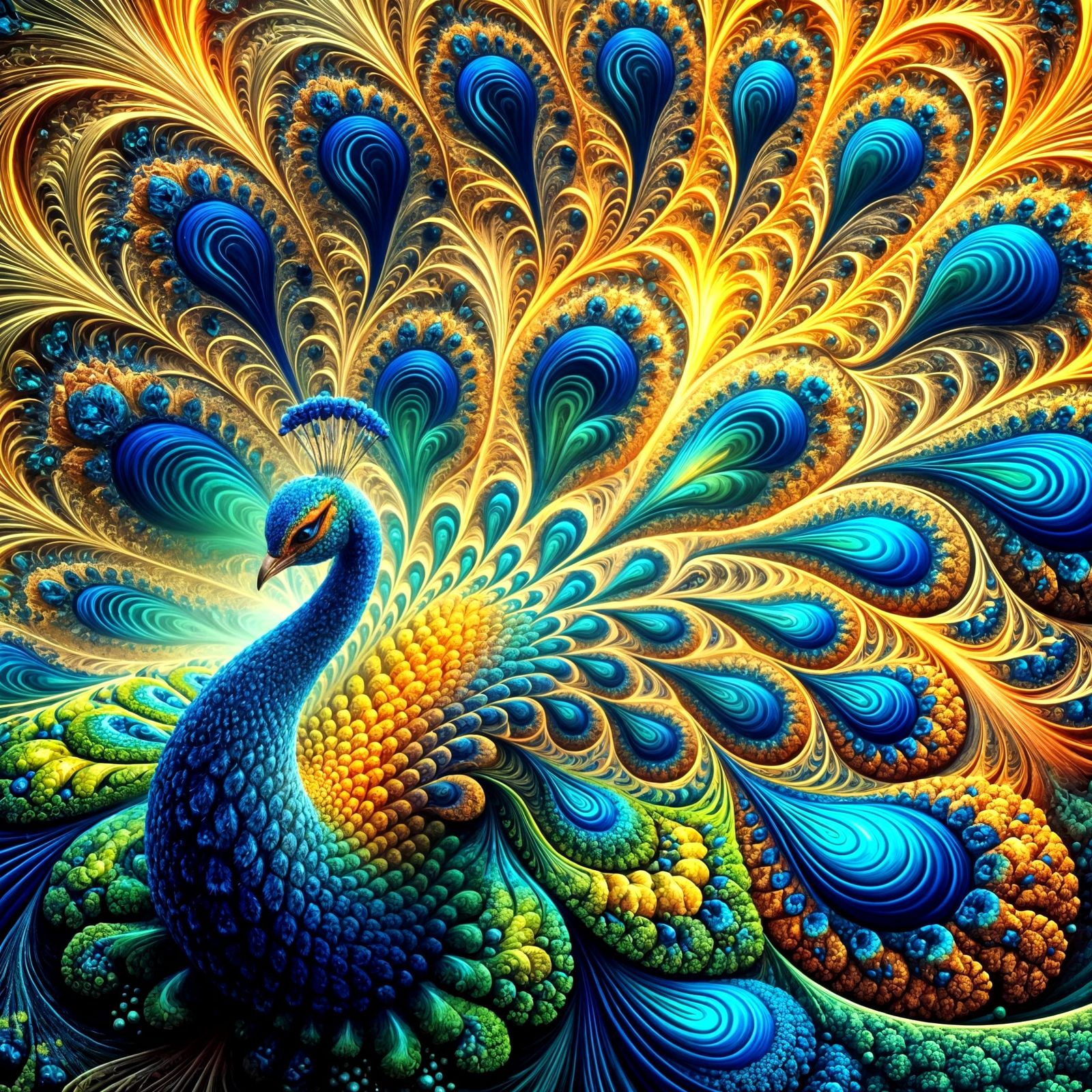 Fractal Peacock in Vibrant, Twisted Beauty