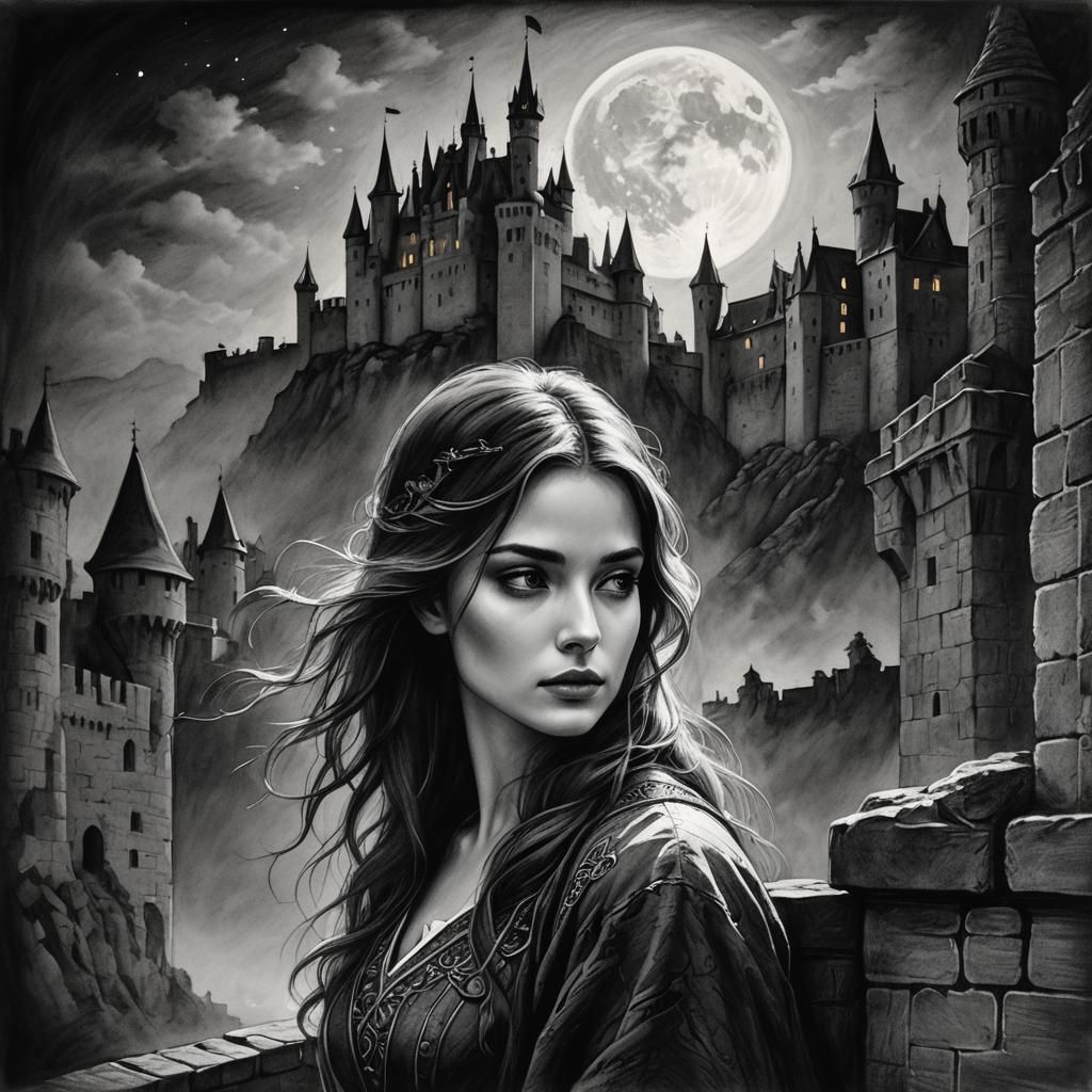 Moonlit Castle Wall: Charcoal Shadow Woman