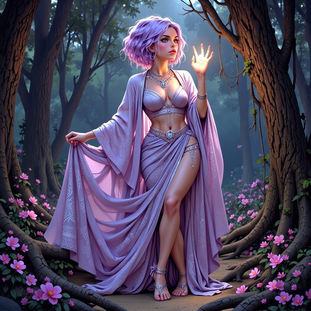 Enchanted Woman in Mystical Forest, Anime Style
