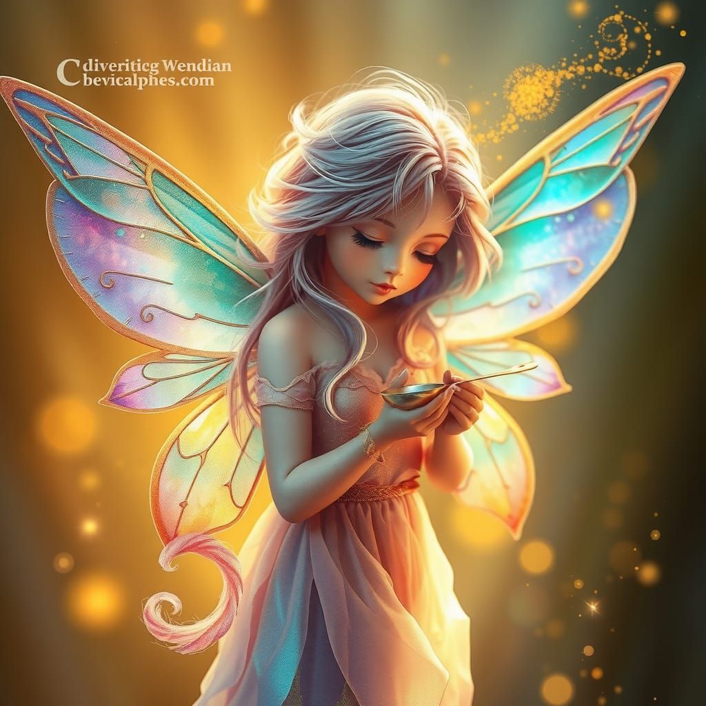 Iridescent Fairy with Golden Spoon, Dreamy Concept Art