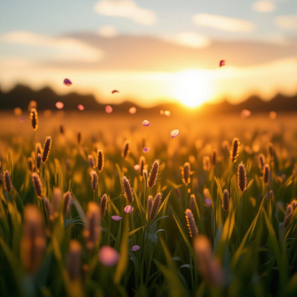 Golden Hour Meadow with Swirling Air and Petals