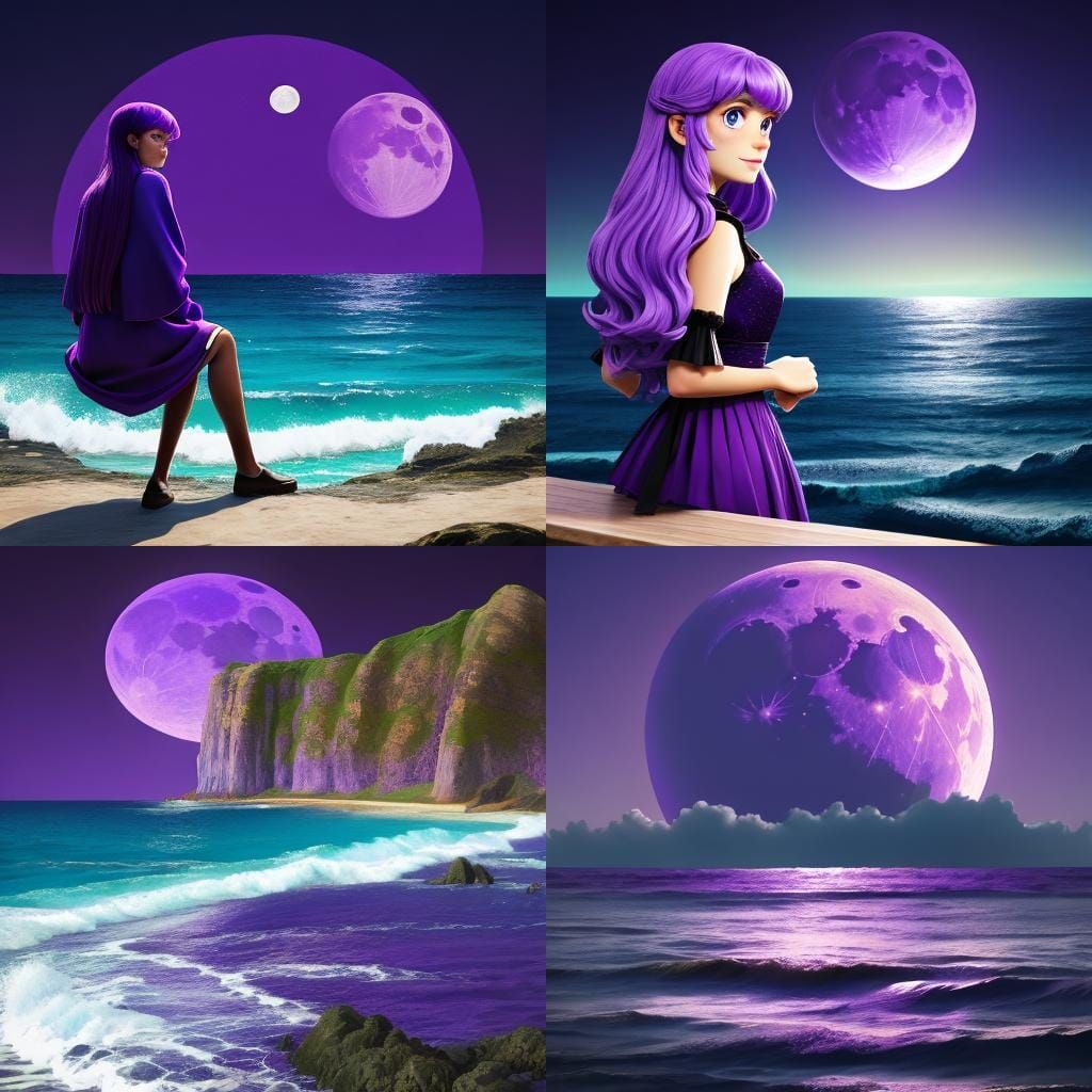 Purple Moon Over the Sea: Dreamlike Scene