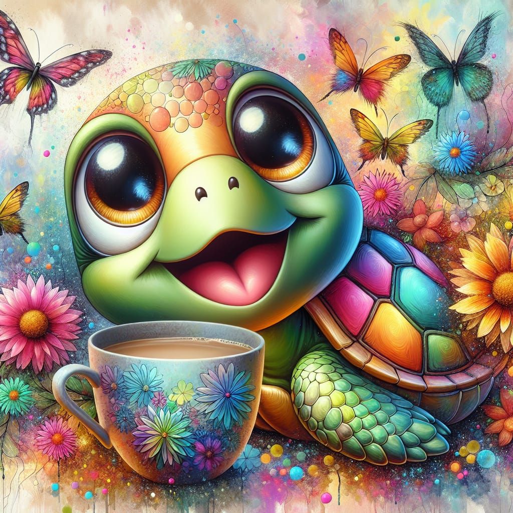 Whimsical Morning Scene with Happy Turtle and Vibrant Flower...