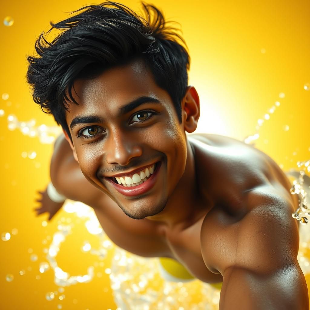 Young Man Diving into Lemon: Hyperrealistic Digital Art