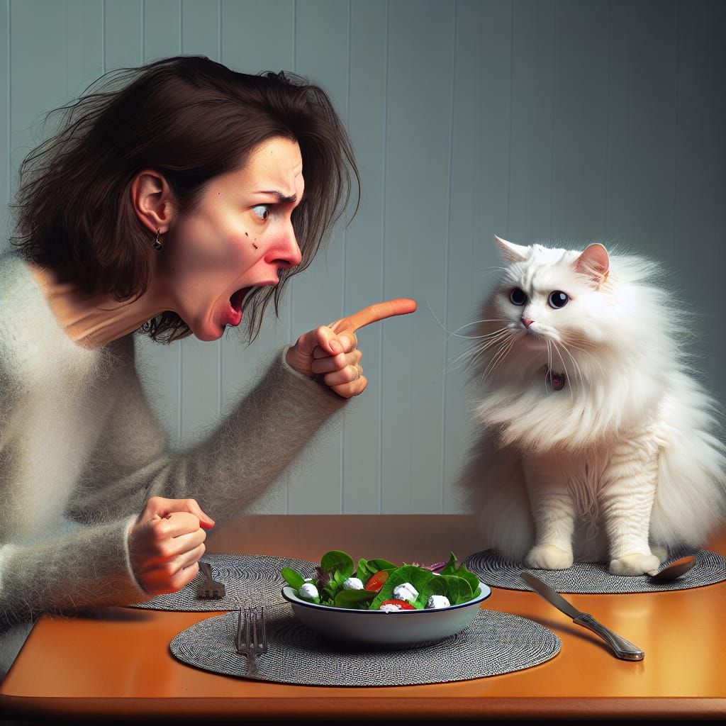 Woman Arguing with Cat at Dinner Table