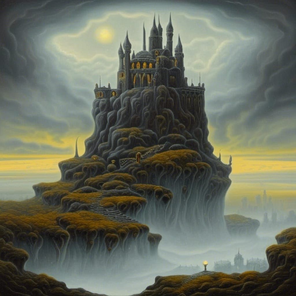 Mysterious Castle Ruins Emerging from Misty Moor