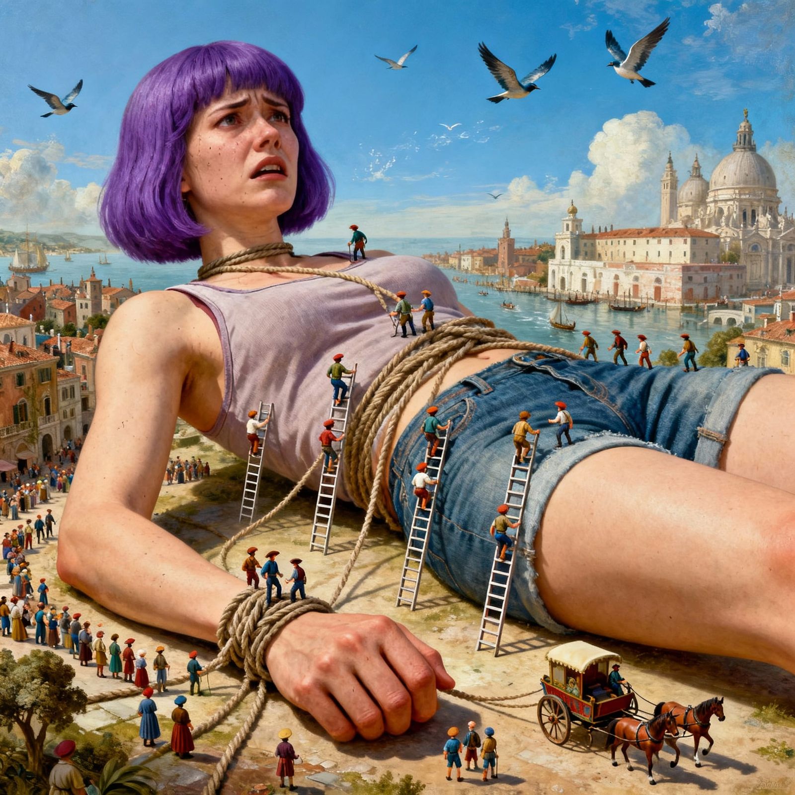 Giant Woman Tied Down by Micro Crowd in Detailed Digital Art