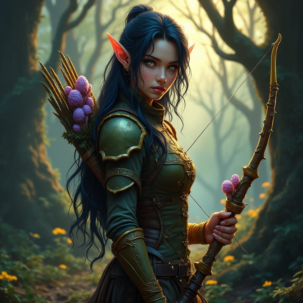 Mystical Elf Ranger in Forest, Hyperdetailed Rendering