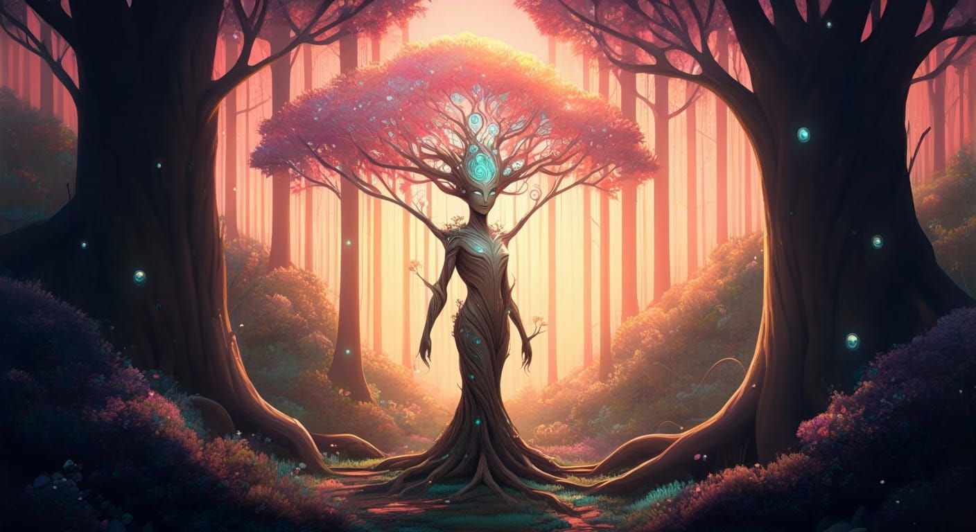 Mystical Tree Spirit in Shimmering Forest