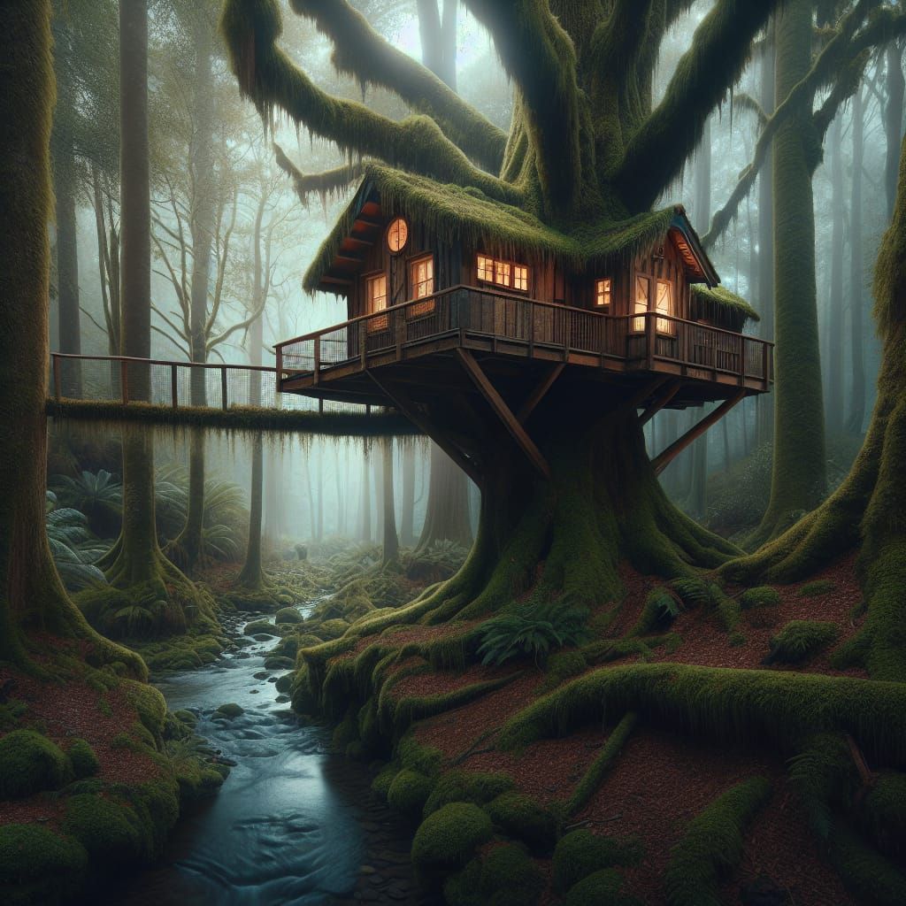 Cozy Treehouse in Ancient Mossy Forest at Night