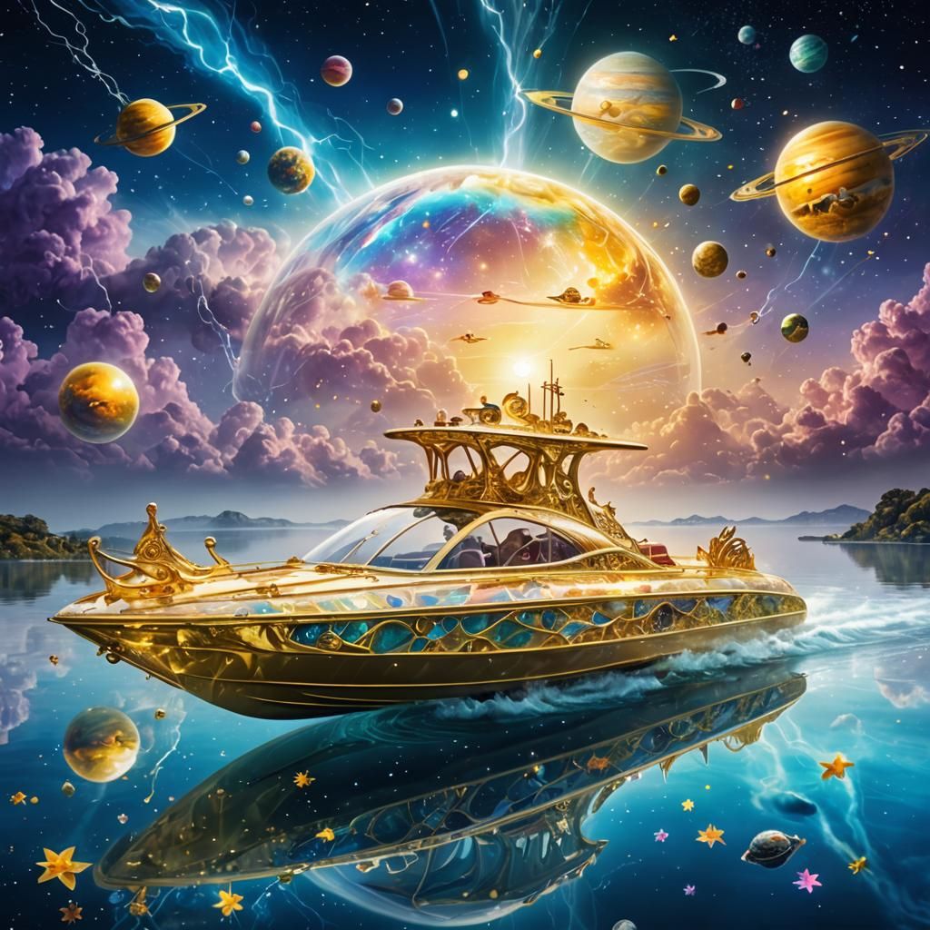 Golden Speedboat Dreamscape Crossing Magical Lake