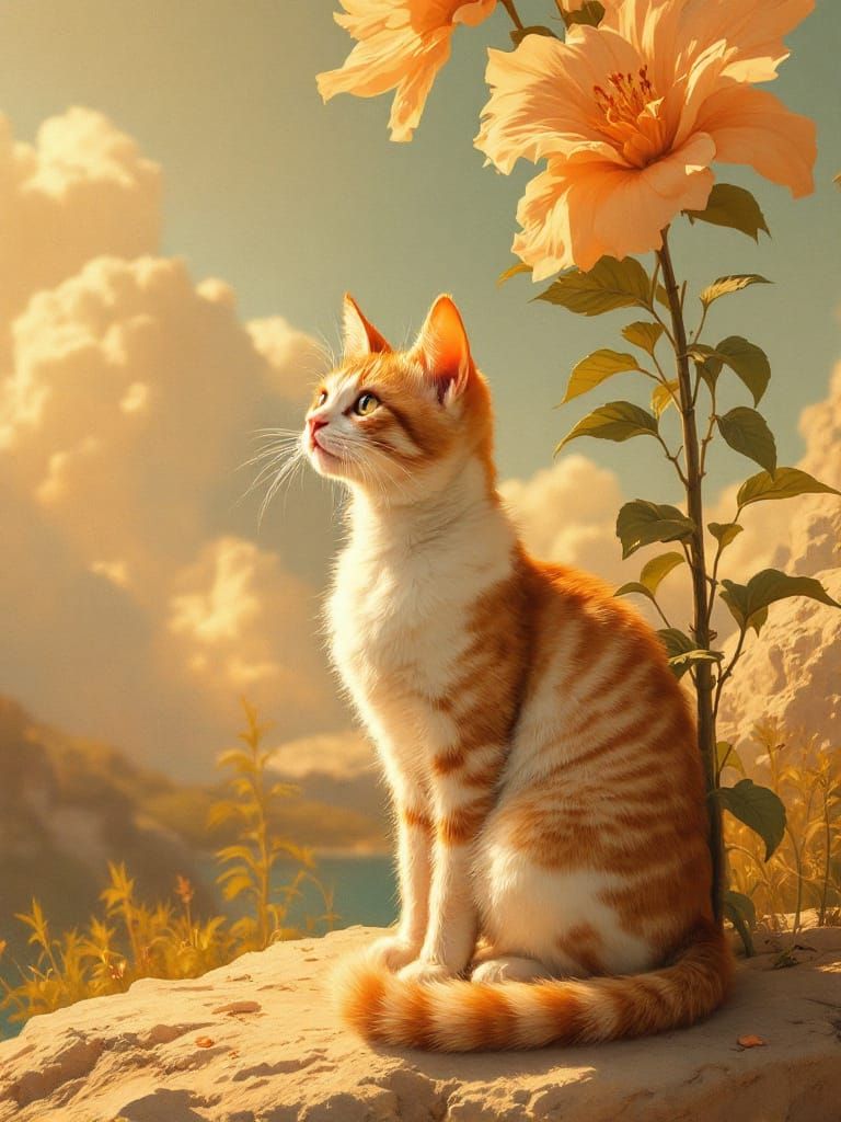 Adorable Cat Under Tall Flower in Golden Age Travel Style