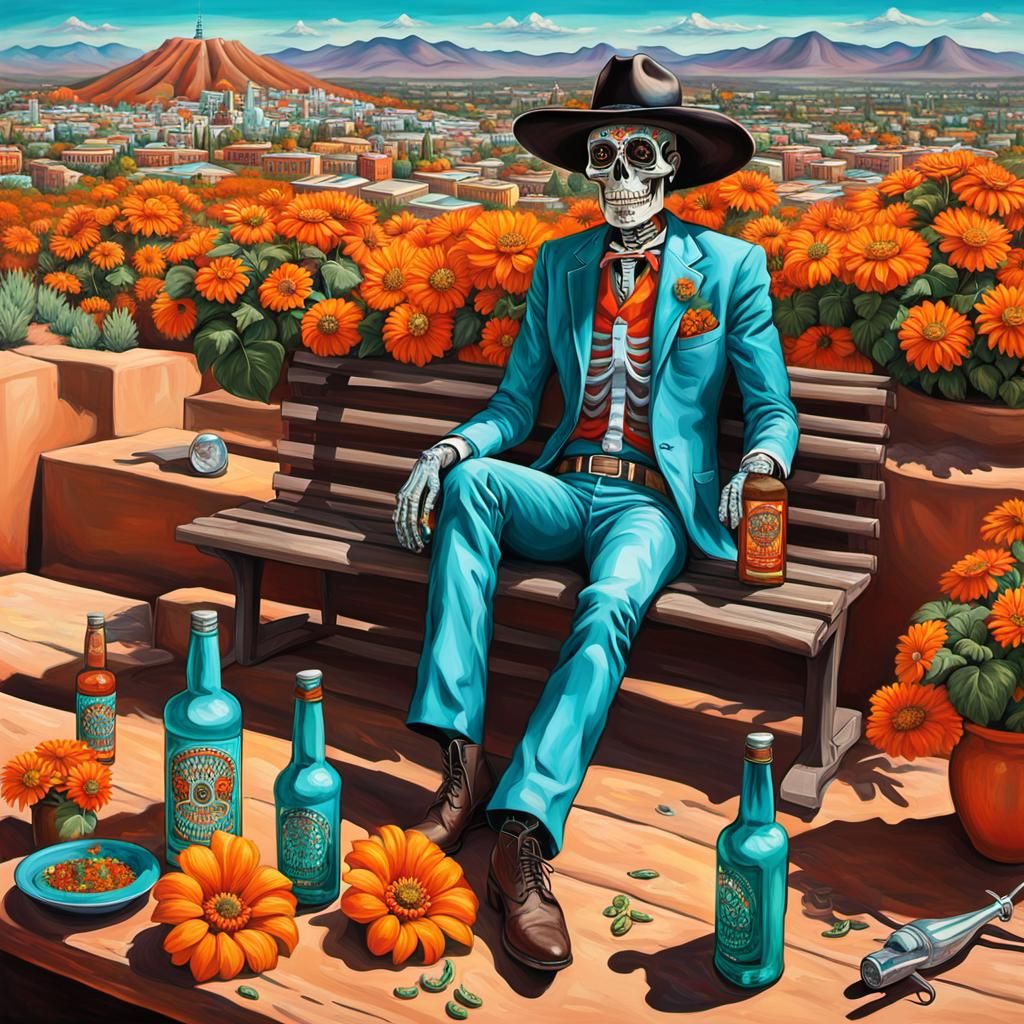 Helicopter view of Day of the Dead Cowboy chrome orange and turquoise Skeleton in mexican sunflower cowboy hat with hot ...