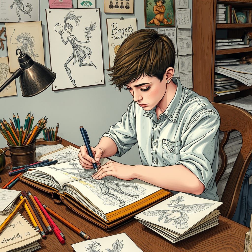 Young Artist Sketching in Vibrant, Illustrative Style