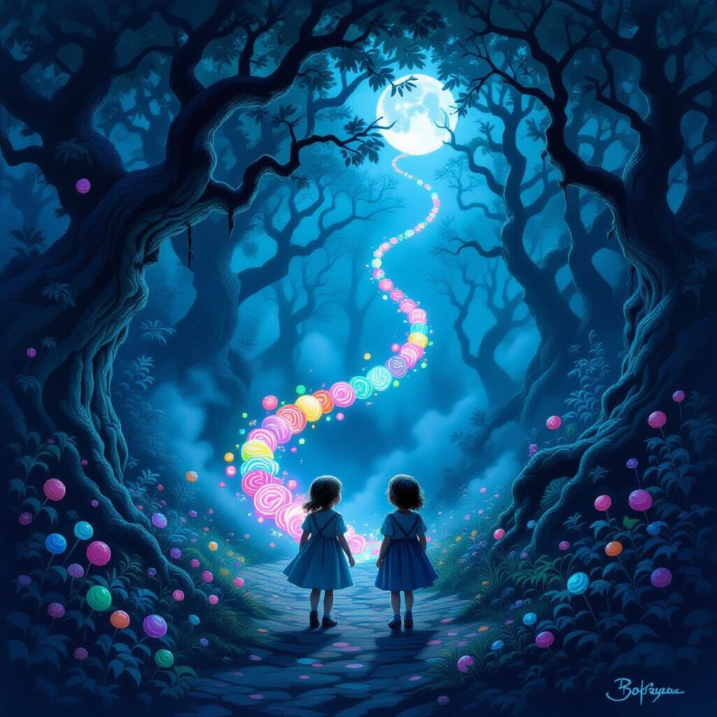 Enchanted Forest Candy Trail Dark Fantasy Illustration