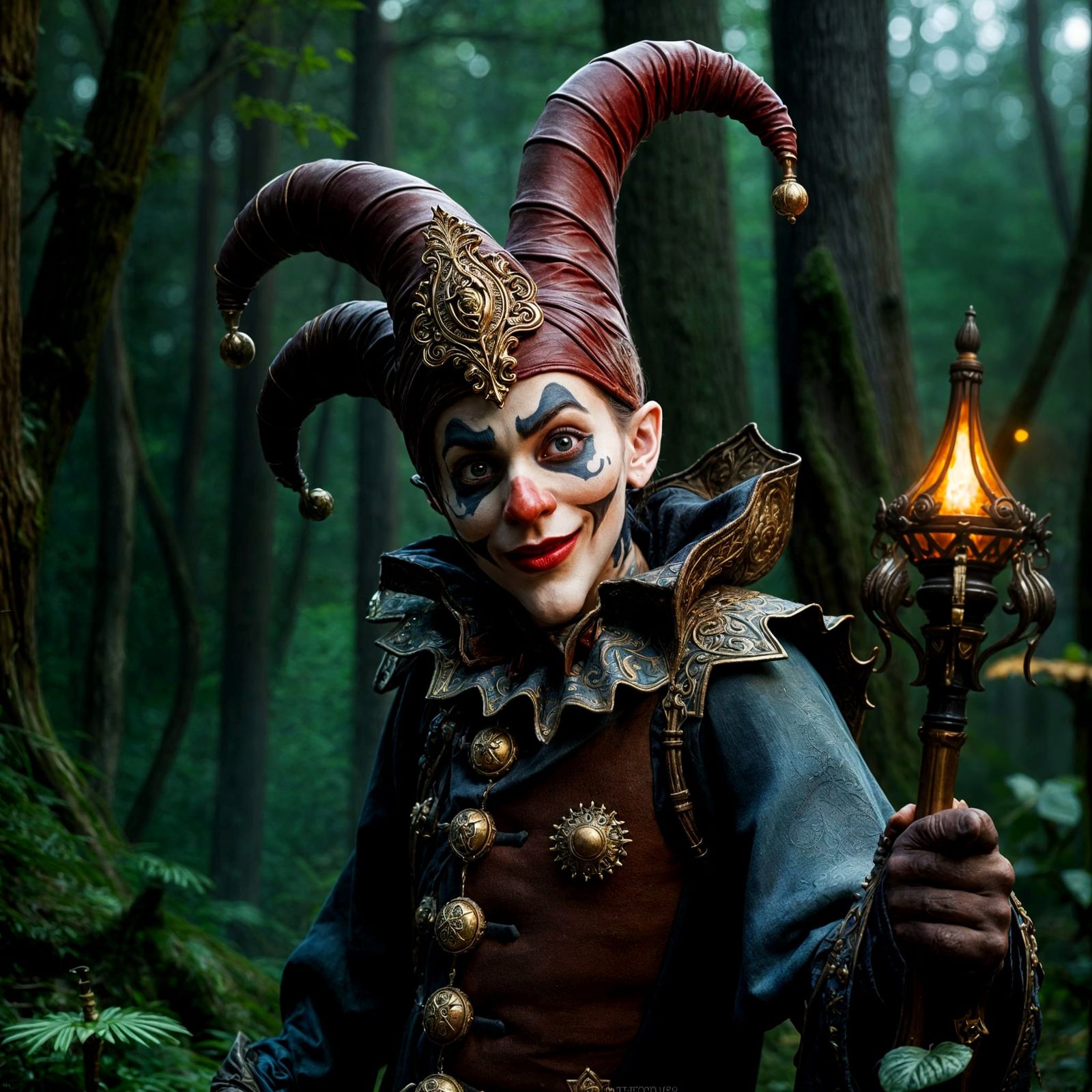Enchanted Forest Jester: Whimsical Fantasy Scene