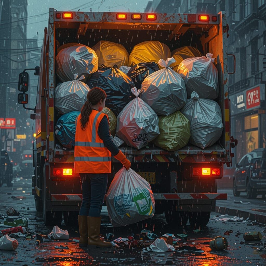 Hyperrealistic Sanitation Worker on Overloaded Garbage Truck