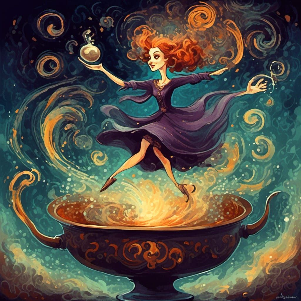 dancing witch casting a magic spell over a bubbling cauldron...