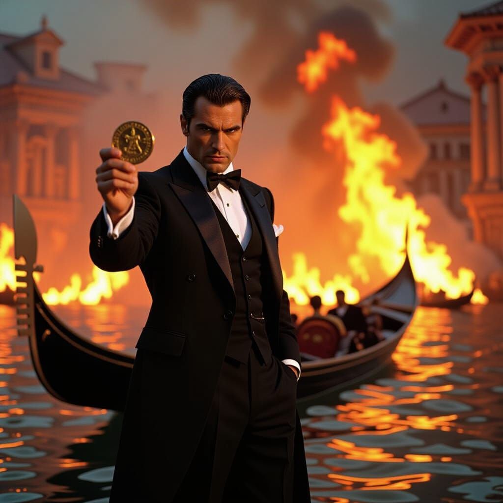 Underworld Lord with Coin in Fiery Landscape