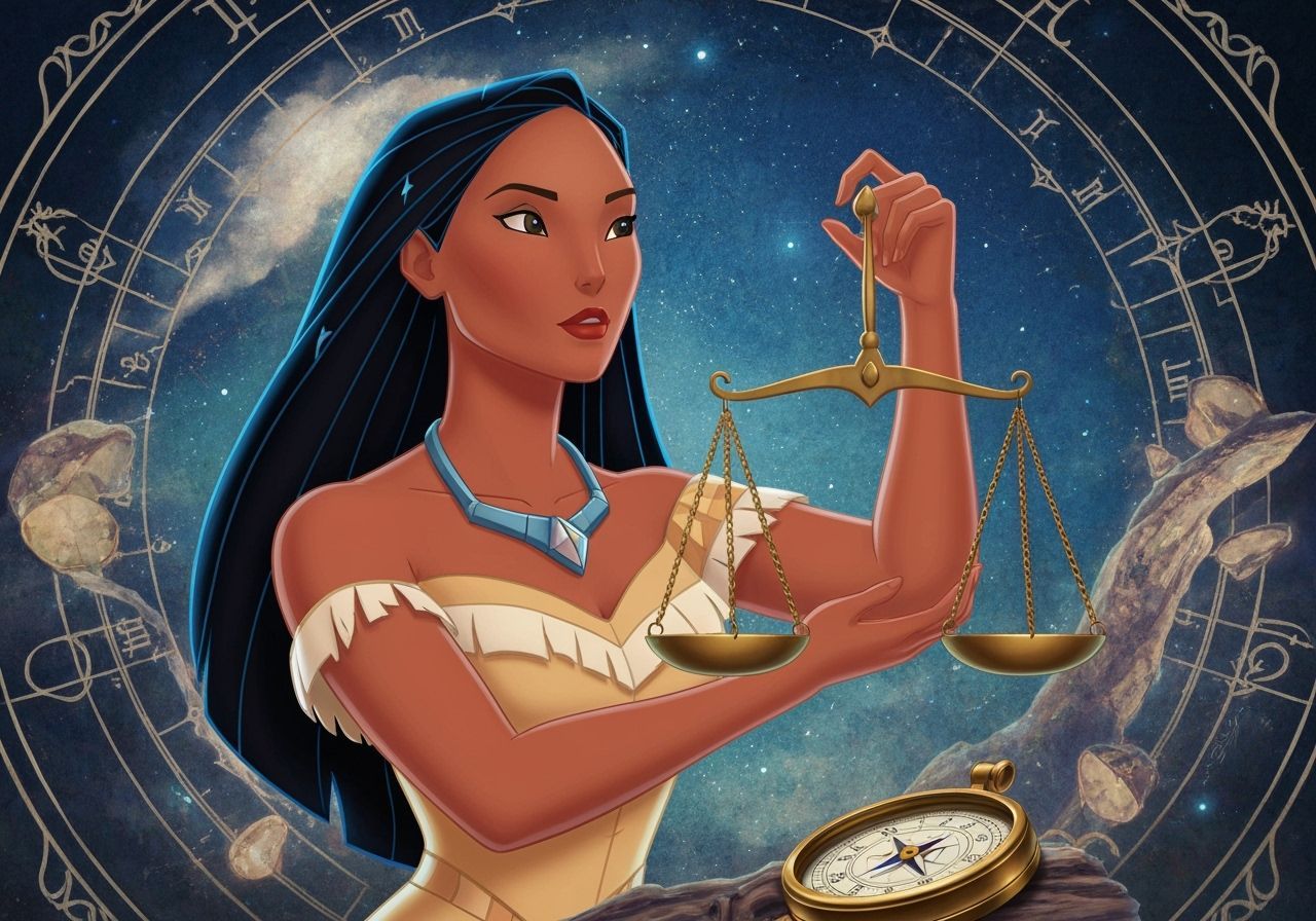 Pocahontas Balances Worlds with Libra Scales in Disney Style